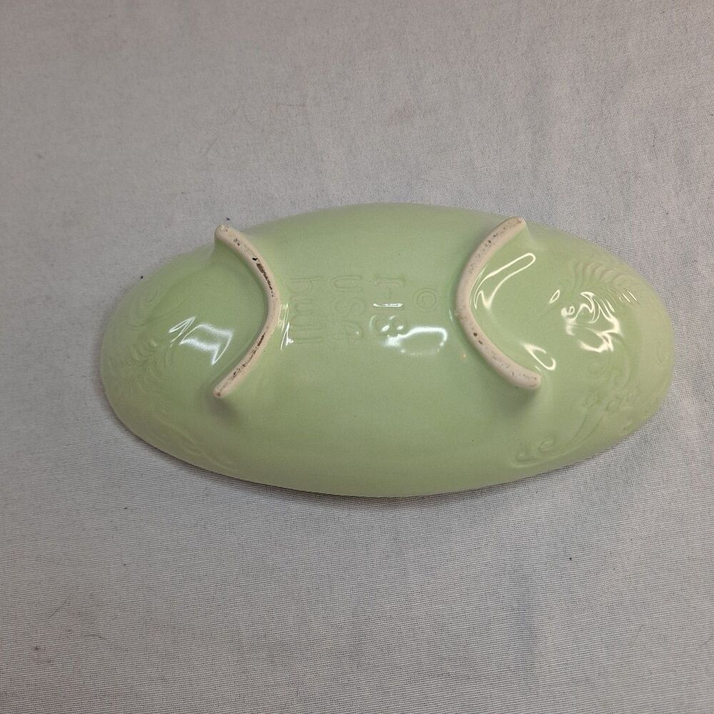 Vintage HULL Pottery Console Footed Bowl Green USA I-18 Glazed Leaf Pattern - Picture 4 of 10